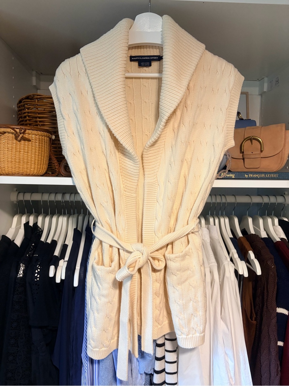 Ralph Lauren Sport Cream Cable-Knit Shawl-Collar Belted Sweater Vest
